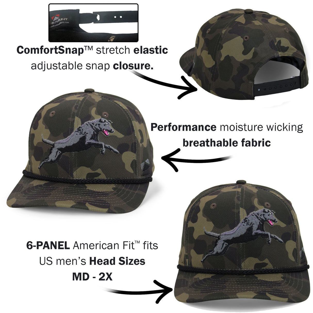 Black Lab Performance Rope Cap on Dark Old School Camo