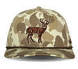 Camouflage baseball cap with deer emblem on a white background