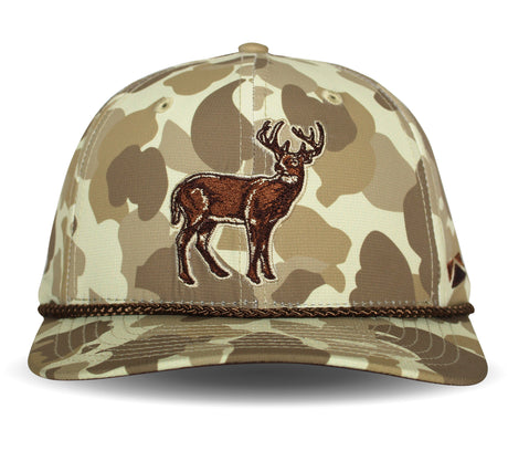 Camouflage baseball cap with deer emblem on a white background