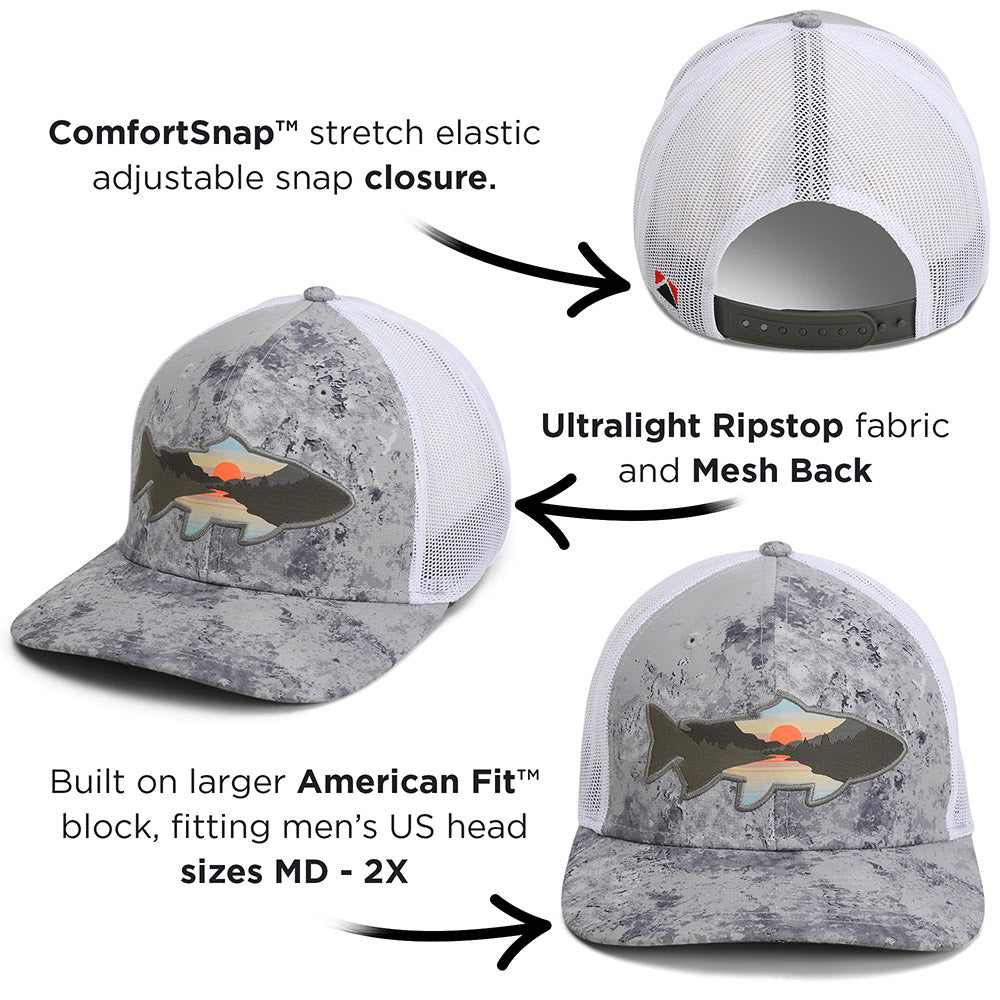 Sunset Trout Fly Fishing Mesh Back Hat Fish Mountain Silhouette