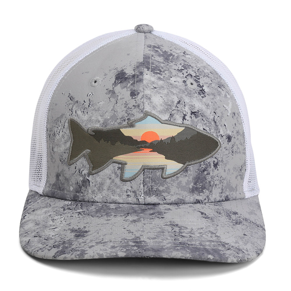 Sunset Trout Fly Fishing Mesh Back Hat Fish Mountain Silhouette