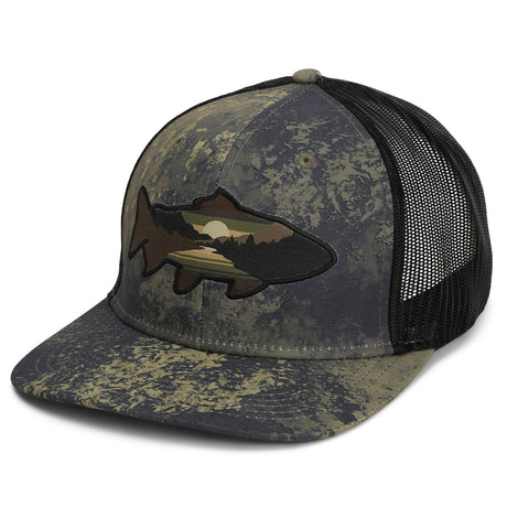 Sunset Trout Fly Fishing Mesh Back Hat Fish Mountain Silhouette