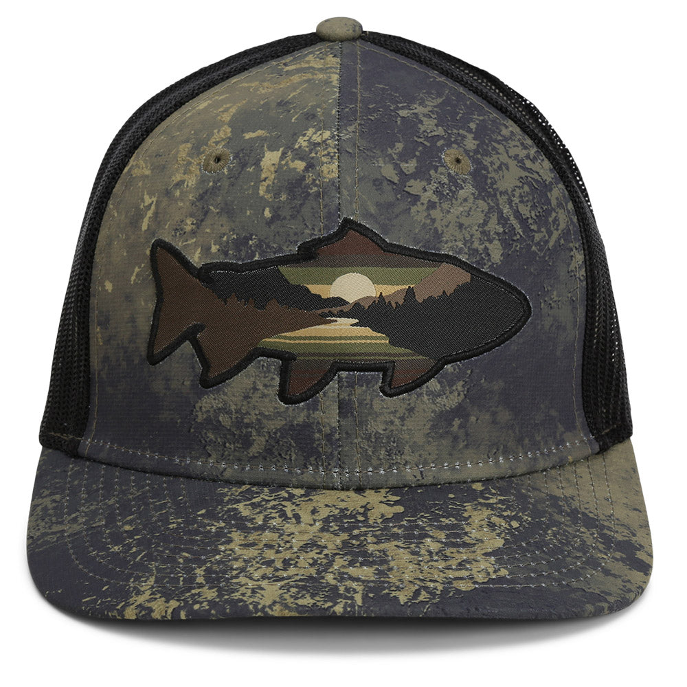 Sunset Trout Fly Fishing Mesh Back Hat Fish Mountain Silhouette - Paramount  Outdoors