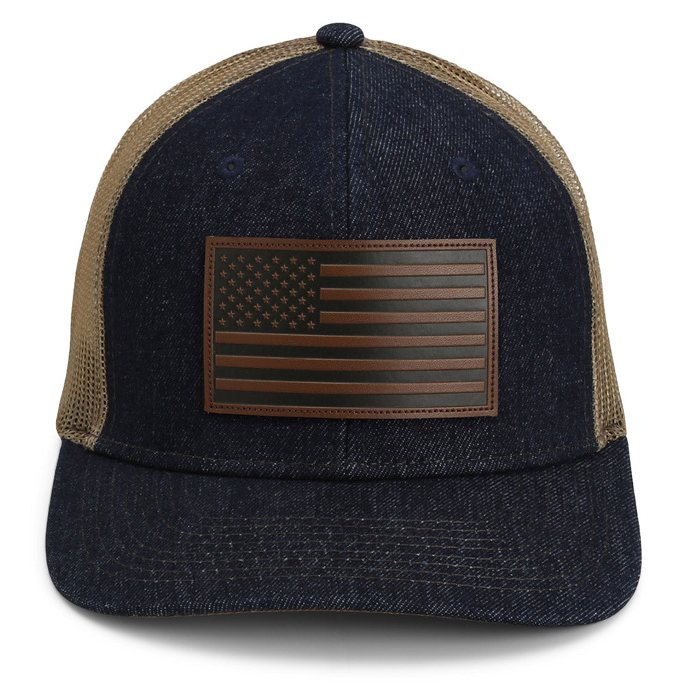 Denim Mesh Back American Flag Leather Patch Hat